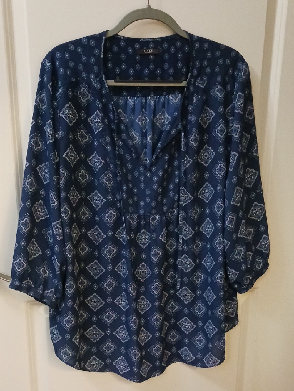 NYDJ Navy Blue Printed Tunic Blouse